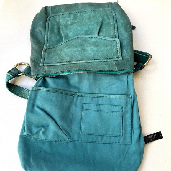 Fossil Long Live Vintage Boho Teal Green Leather Crossbody Bag - Picture 3 of 8